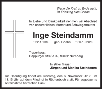 Traueranzeige von Inge Steindamm von Pegnitz-Zeitung